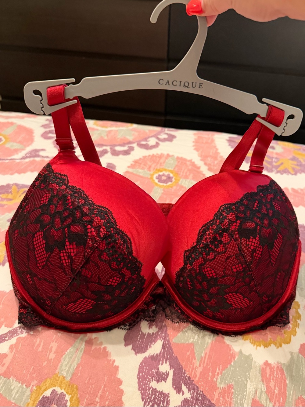 Cacique Hot Pink Satin Bra with Black Lace Overlay